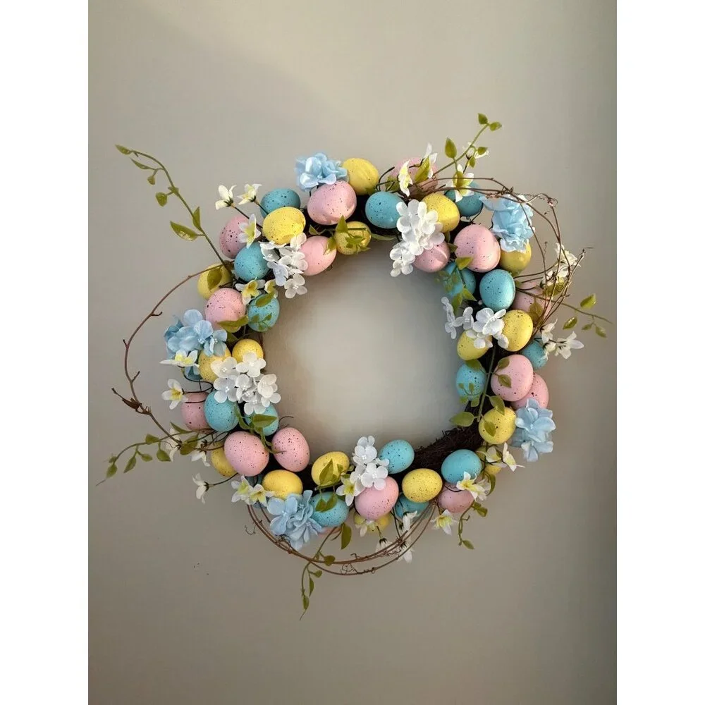 Easter Egg Wreath‎ Pastel Speckled Eggs White Floral Spring Door Decor 20 Inch
